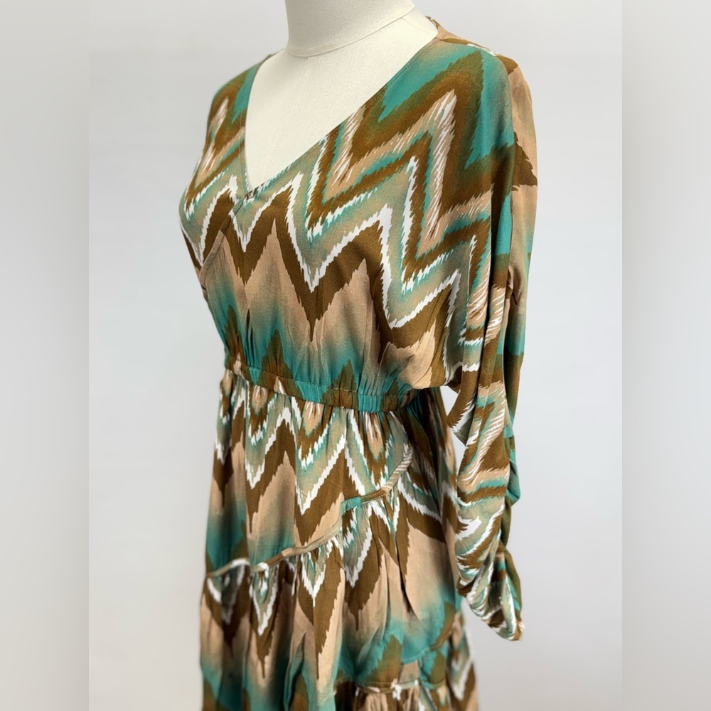 ARIAT Teal & Brown Chevron Tiered Long Sleeve mini Dress size S - Picture 3 of 13